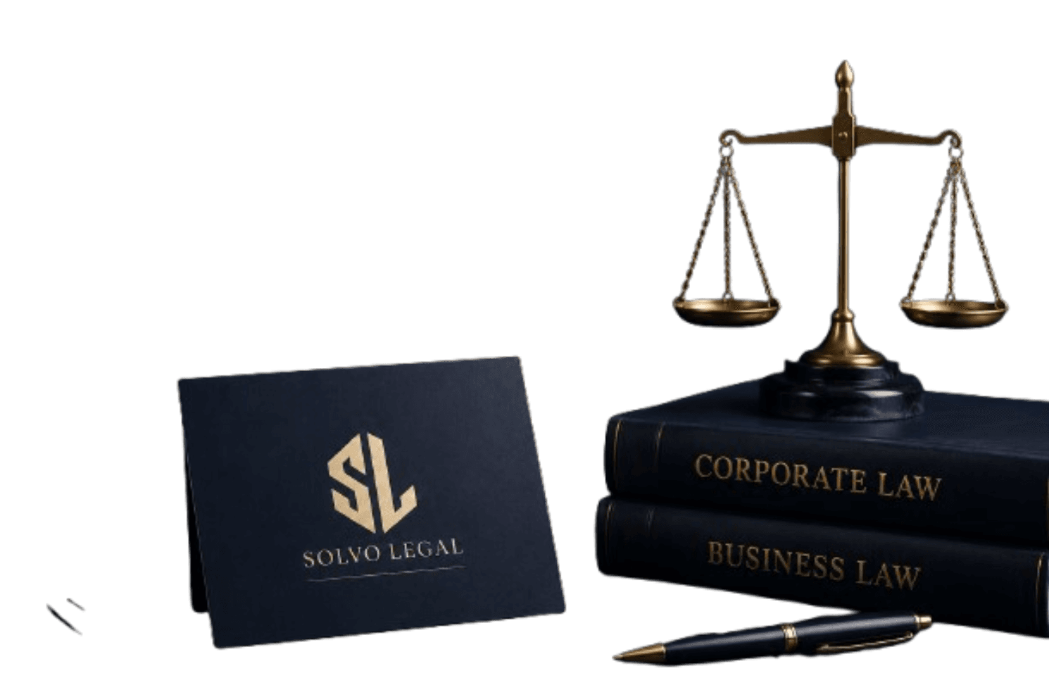 Corporate law books, pen, and legal scale