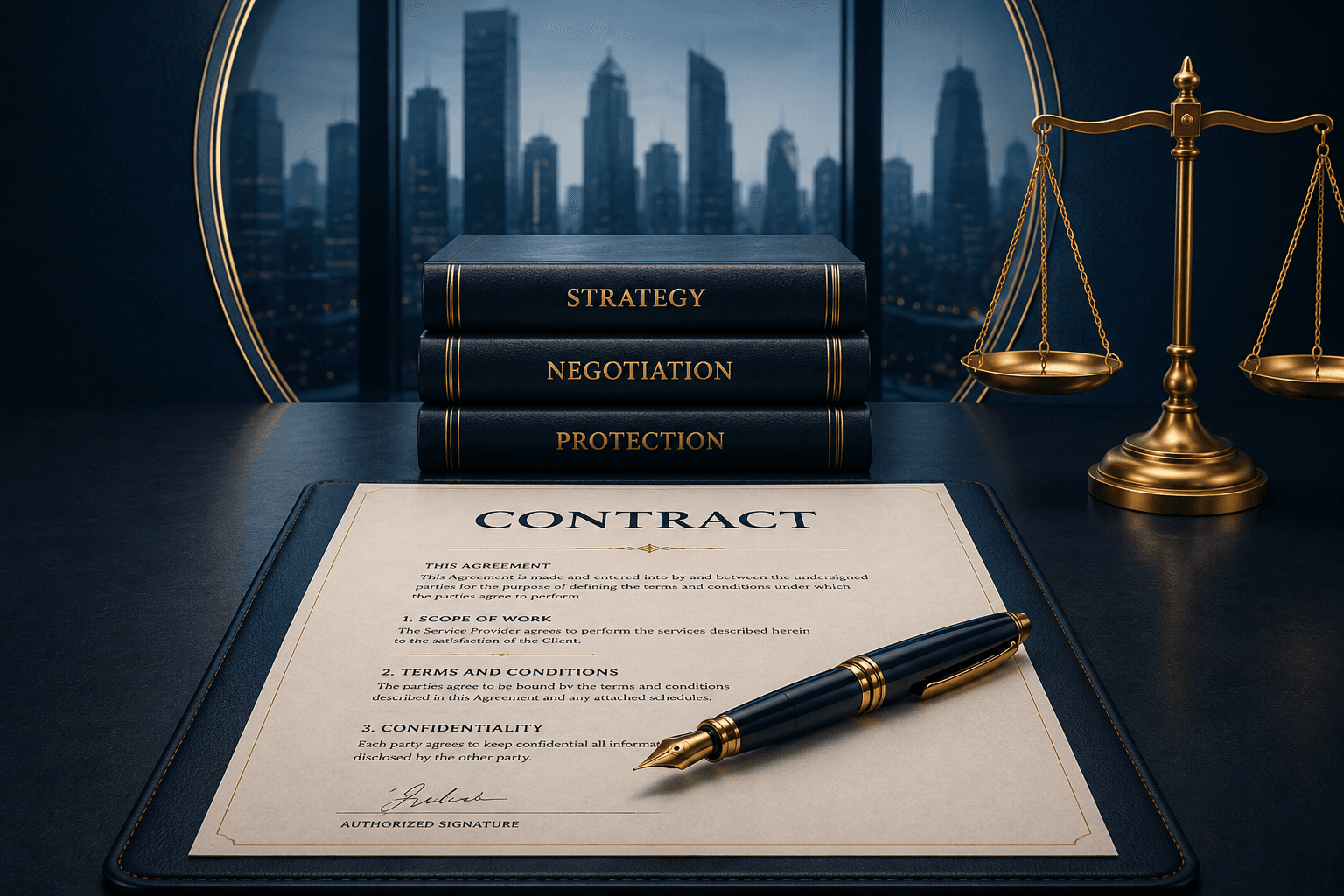 Commercial contract drafting desk with agreements, legal scale, and documents