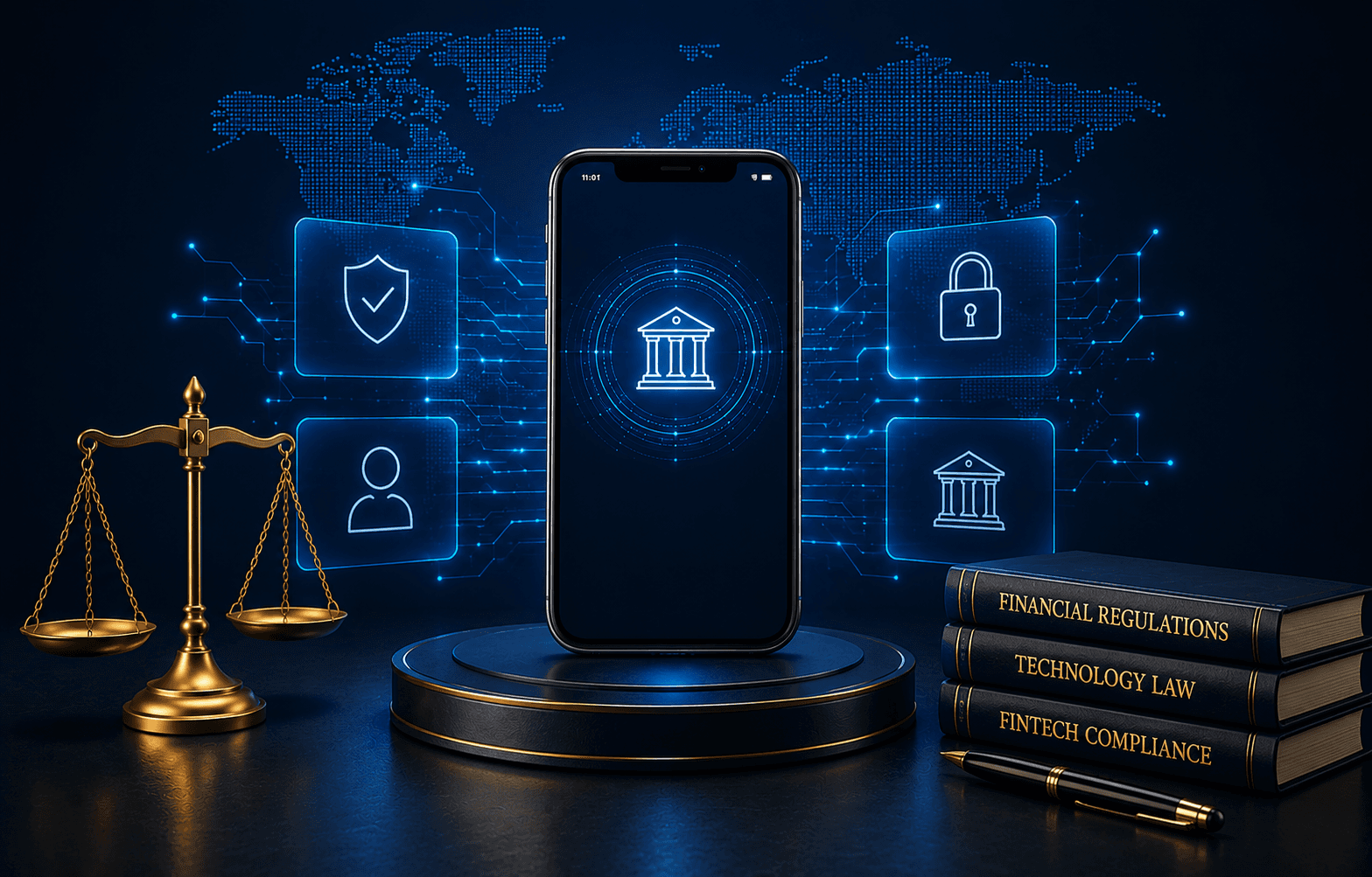 FinTech legal advisory desk with digital payment devices and financial documents