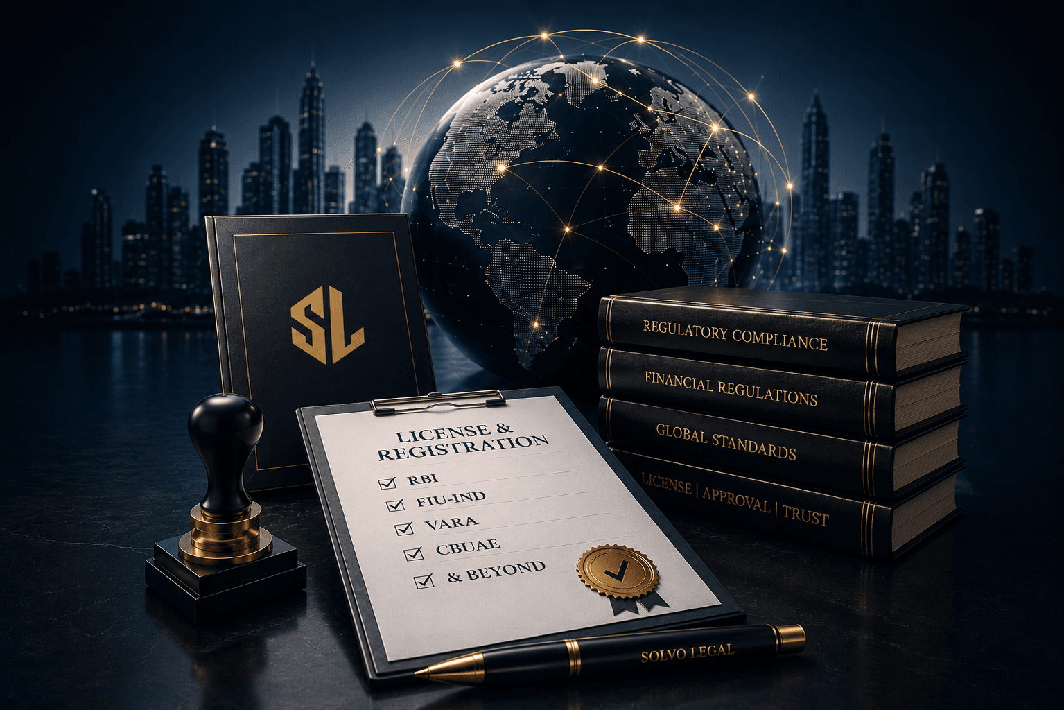 Regulatory licensing and registration desk with compliance certificates and globe