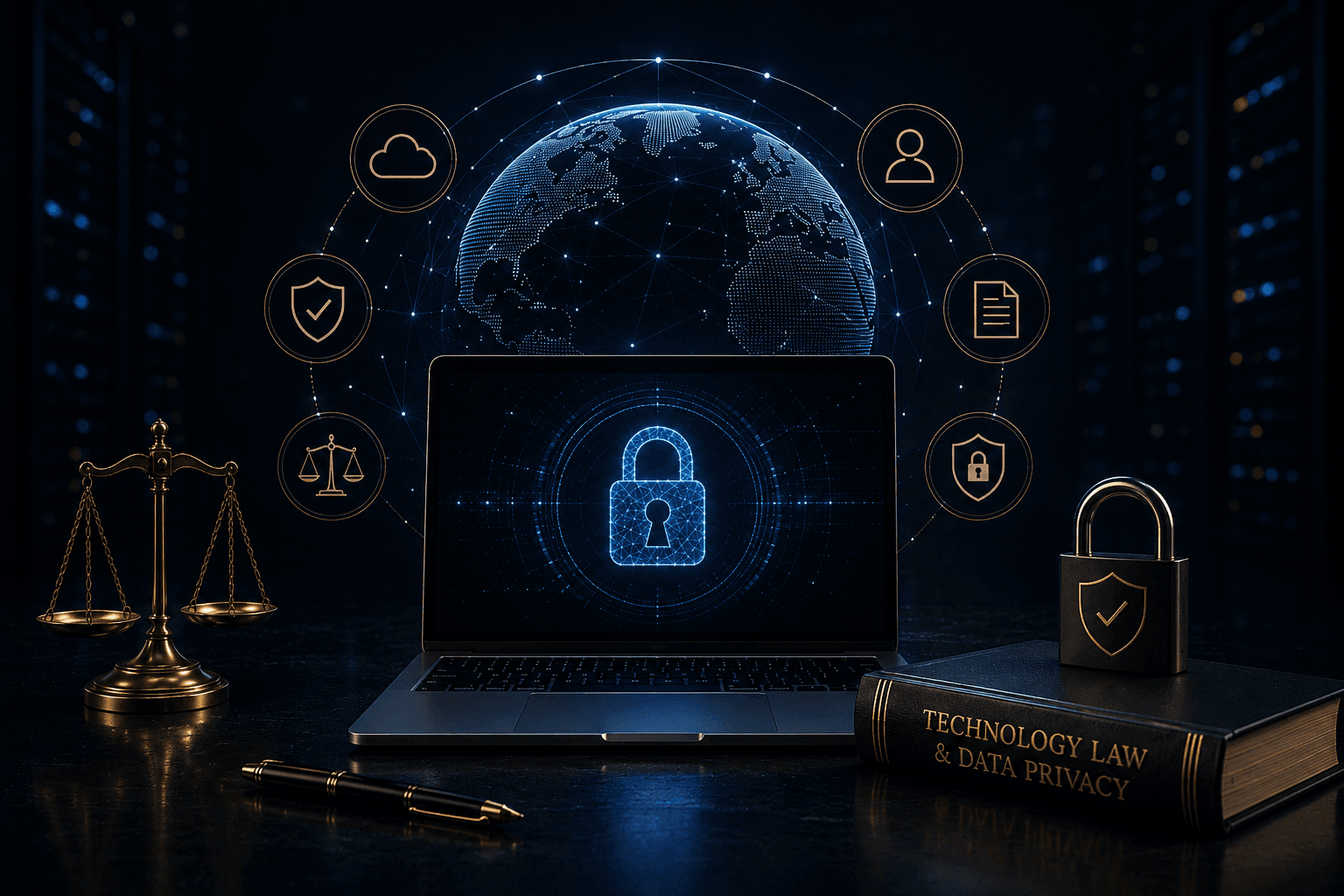 Technology law and data privacy desk with digital devices and legal documents